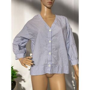 Everlane Striped Button Down Oversized Cotton V-Neck Blouse Blue Minimalist SZ 4